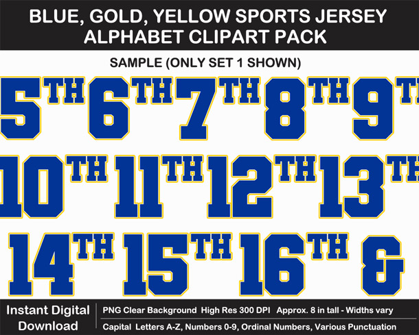 Love these fun Blue, Gold, Yellow Sports Jersey Alphabet Clipart for Sign Making - Letters, Numbers, Punctuation - Go Rams!