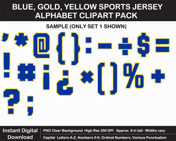 Love these fun Blue, Gold, Yellow Sports Jersey Alphabet Clipart for Sign Making - Letters, Numbers, Punctuation - Go Rams!