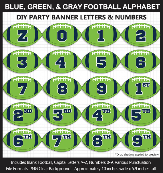 Love these fun Blue, Green, and Gray Football clipart for game day decoration - Letters, Numbers, Punctuation