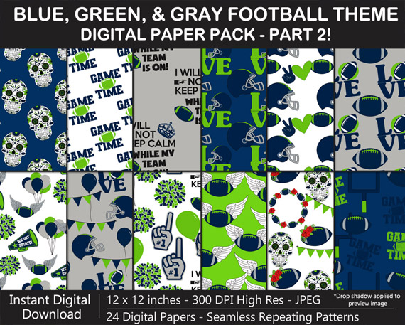 Love these fun football digital papers - Blue, Green, and Gray Football Team