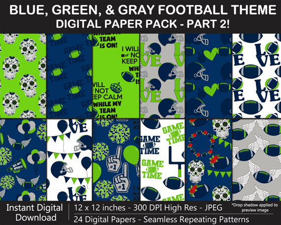Love these fun football digital papers - Blue, Green, and Gray Football Team