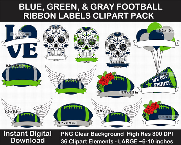 Love these blue, green, and gray football ribbon labels clipart for football season! Go Seahawks!