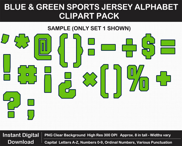 Love these fun Blue and Green Sports Jersey Alphabet Clipart for Sign Making - Letters, Numbers, Punctuation - Go Seahawks!