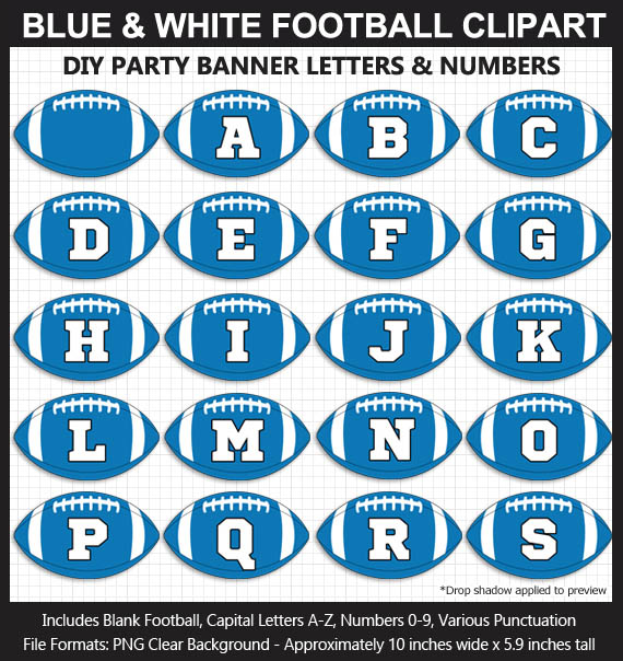 Love these fun Blue and White Football clipart for game day decoration - Letters, Numbers, Punctuation - Go Lions!