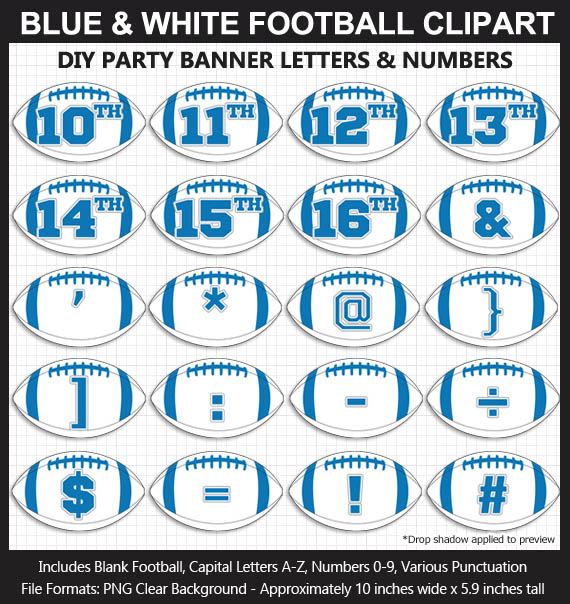 Love these fun Blue and White Football clipart for game day decoration - Letters, Numbers, Punctuation - Go Lions!