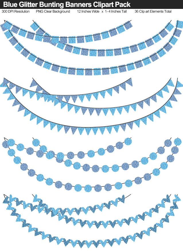 Blue Glitter Bunting Banner Clipart Pack - Clear Background PNG - Large 12 Inches Resizeable