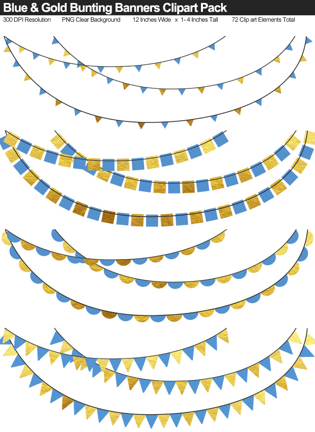 Blue and Gold Bunting Banner Clipart Pack - Clear Background PNG - Large 12 Inches Resizeable