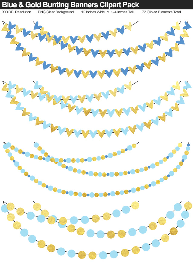 Blue and Gold Bunting Banner Clipart Pack - Clear Background PNG - Large 12 Inches Resizeable