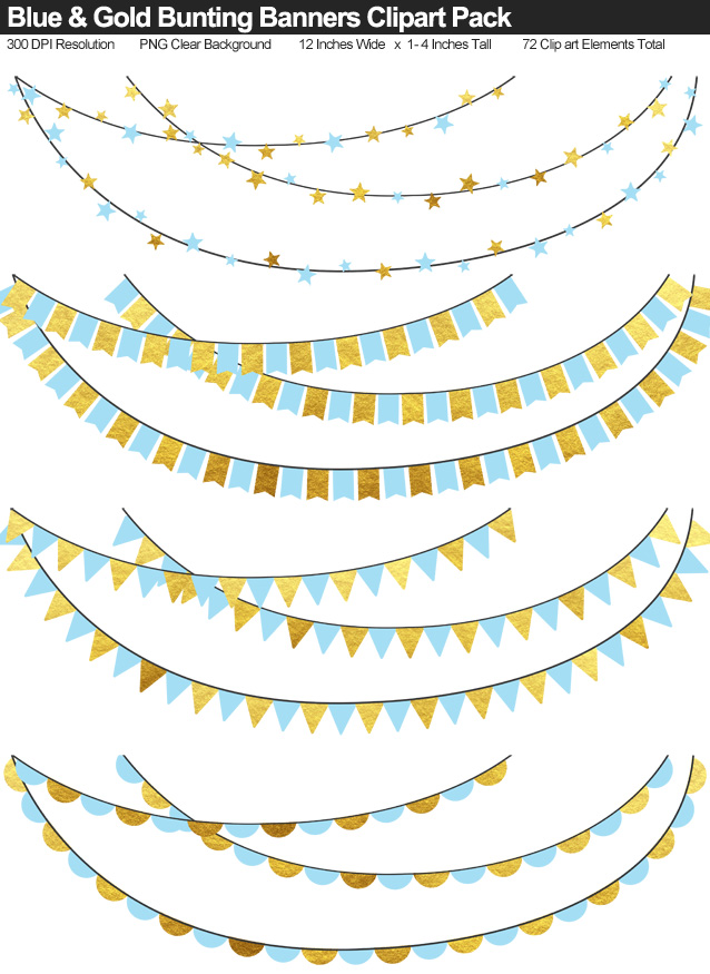 Blue and Gold Bunting Banner Clipart Pack - Clear Background PNG - Large 12 Inches Resizeable