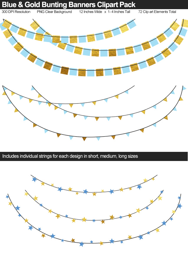 Blue and Gold Bunting Banner Clipart Pack - Clear Background PNG - Large 12 Inches Resizeable