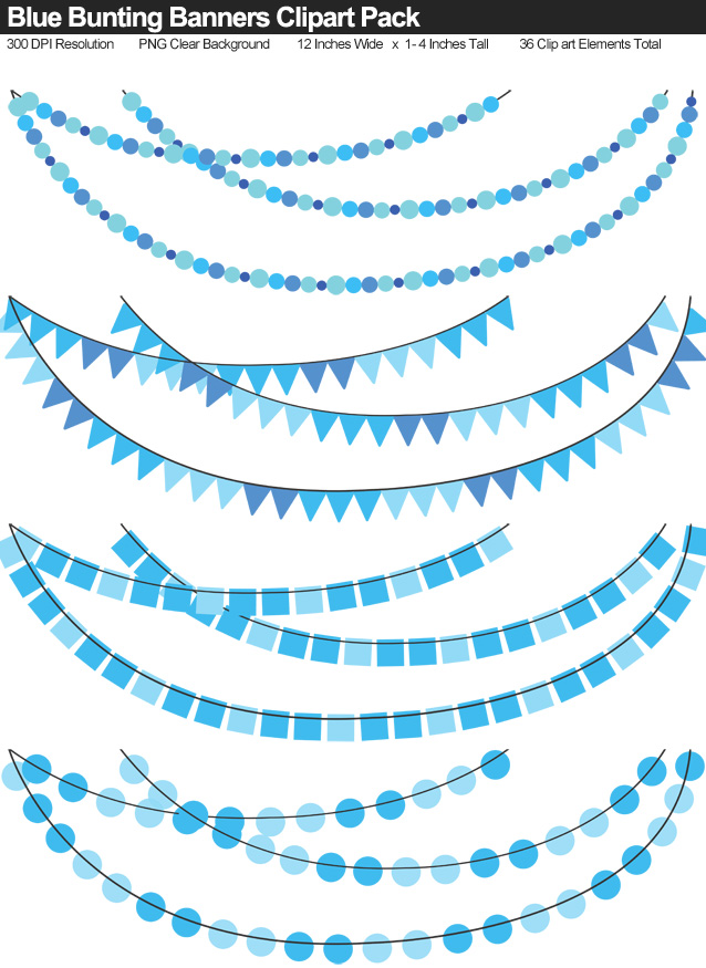Solid Color Blue Bunting Banner Clipart Pack - Clear Background PNG - Large 12 Inches Resizeable