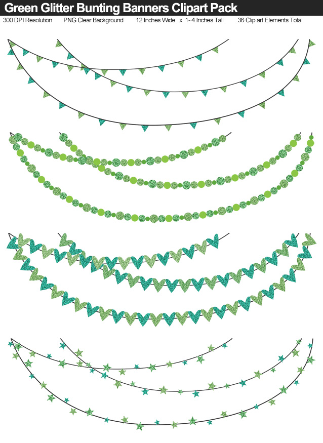 Green Glitter Bunting Banner Clipart Pack - Clear Background PNG - Large 12 Inches Resizeable