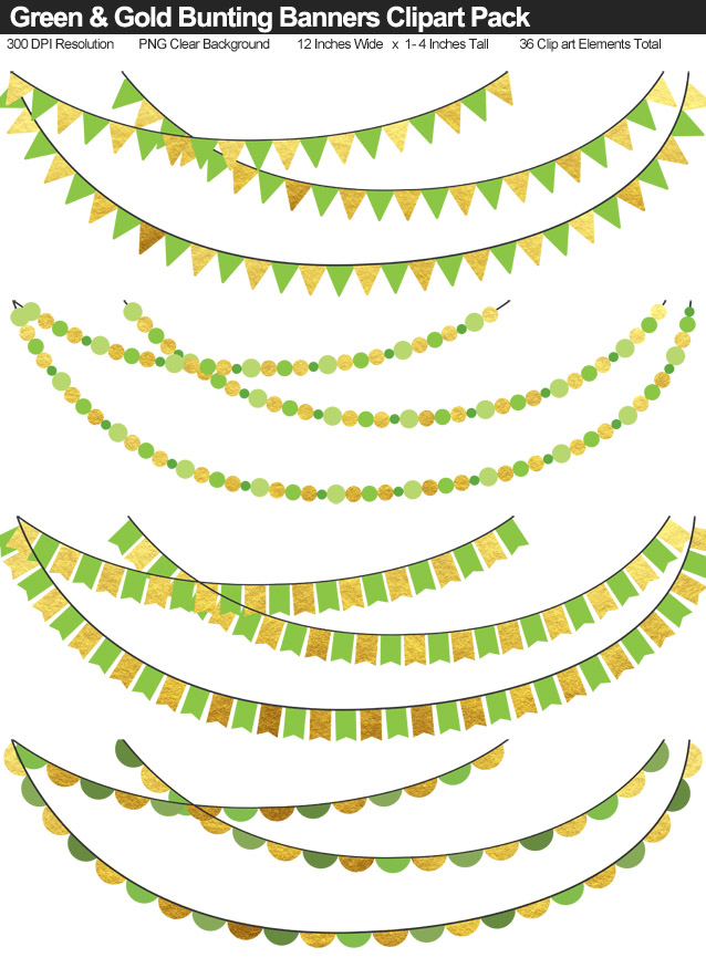 Green and Gold Bunting Banners Clipart Pack