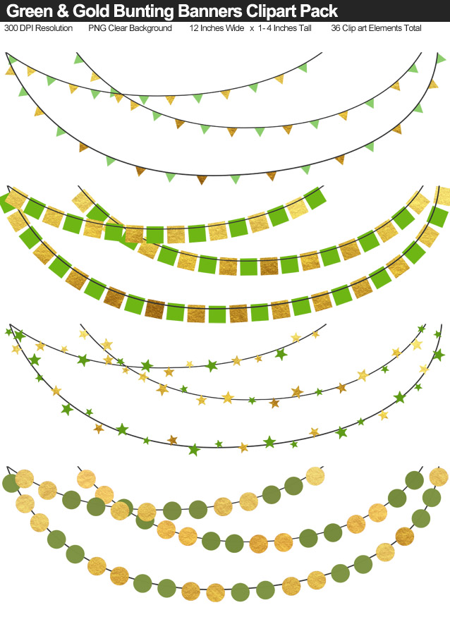 Green and Gold Bunting Banner Clipart Pack - Clear Background PNG - Large 12 Inches Resizeable