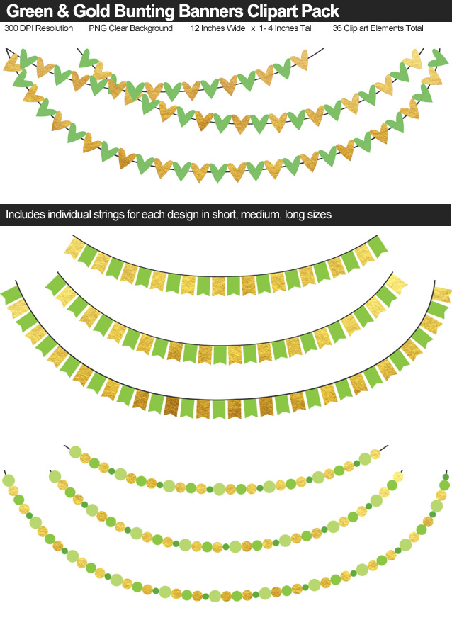 Green and Gold Bunting Banner Clipart Pack - Clear Background PNG - Large 12 Inches Resizeable