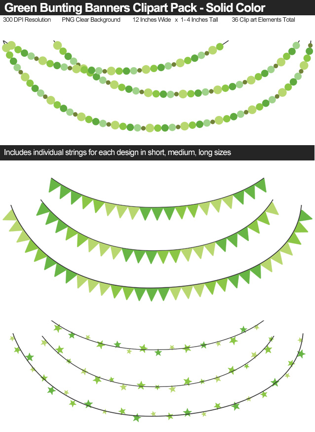 Solid Color Green Bunting Banner Clipart Pack - Clear Background PNG - Large 12 Inches Resizeable