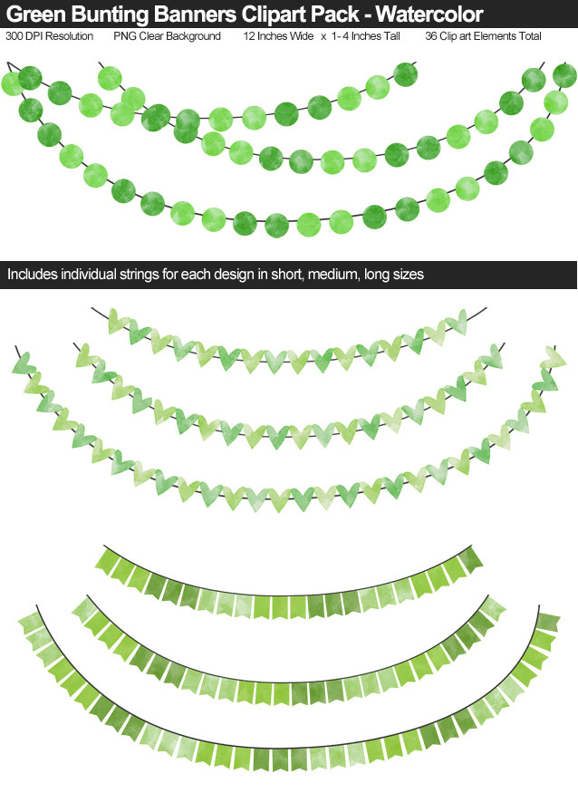 Green Watercolor Bunting Banner Clipart Pack - Clear Background PNG - Large 12 Inches Resizeable