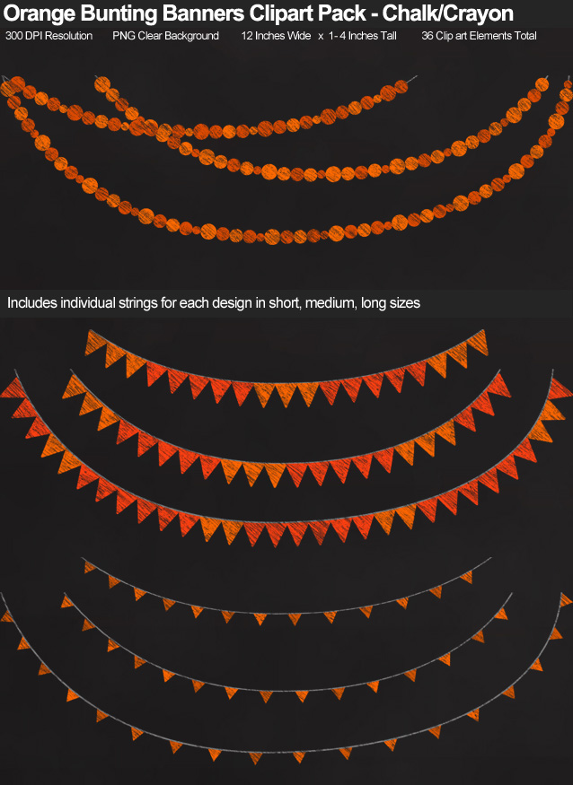 Orange Chalk/Crayon-Style Bunting Banner Clipart Pack - Clear Background PNG - Large 12 Inches Resizeable