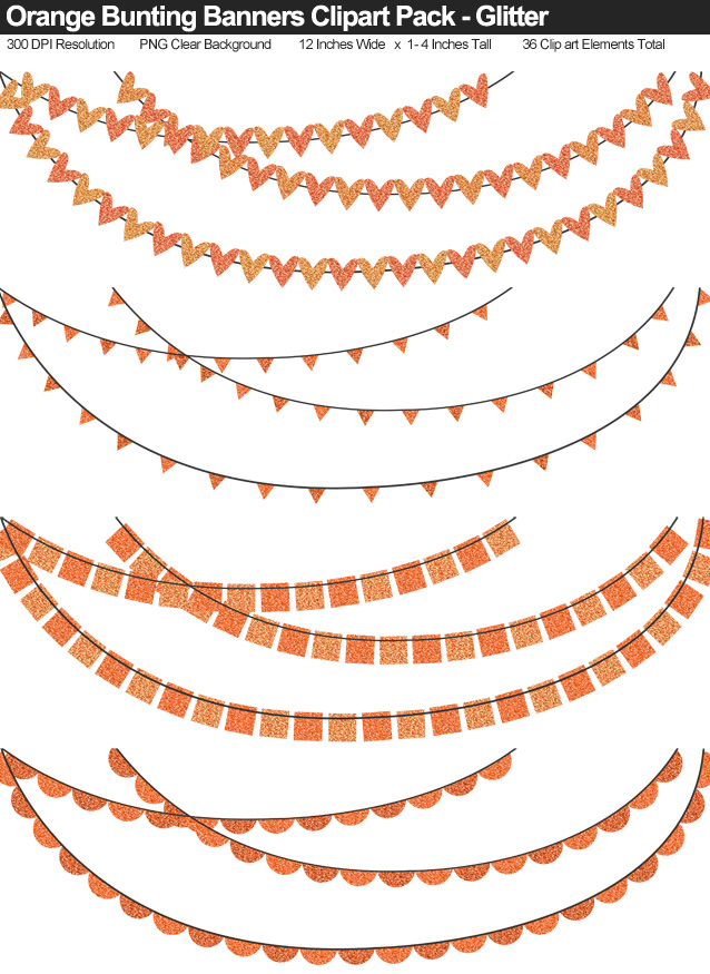 Orange Glitter Bunting Banner Clipart Pack - Clear Background PNG - Large 12 Inches Resizeable