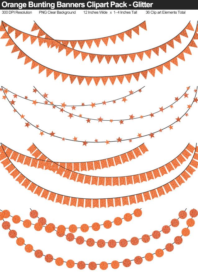 Orange Glitter Bunting Banner Clipart Pack - Clear Background PNG - Large 12 Inches Resizeable