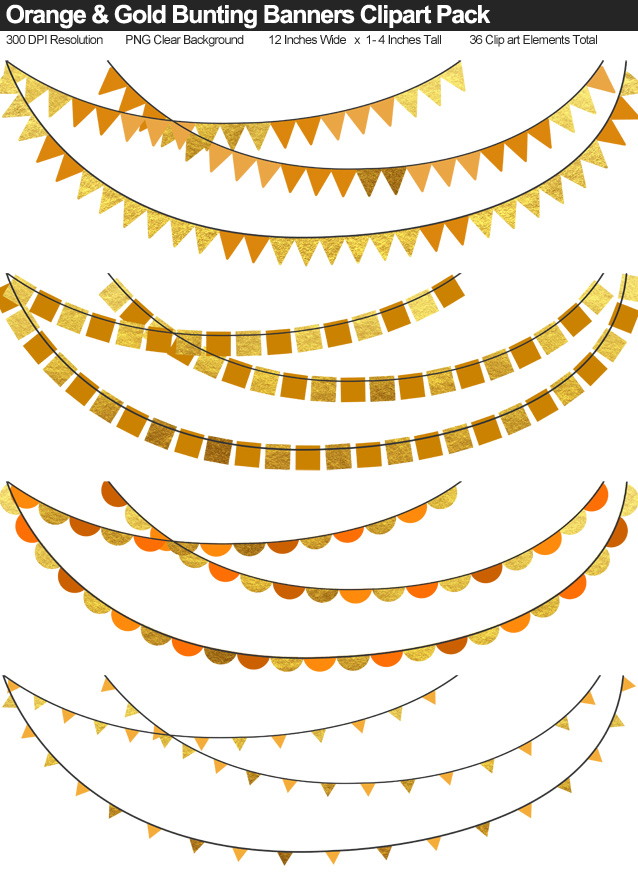 Gold and Orange Bunting Banner Clipart Pack - Clear Background PNG - Large 12 Inches Resizeable