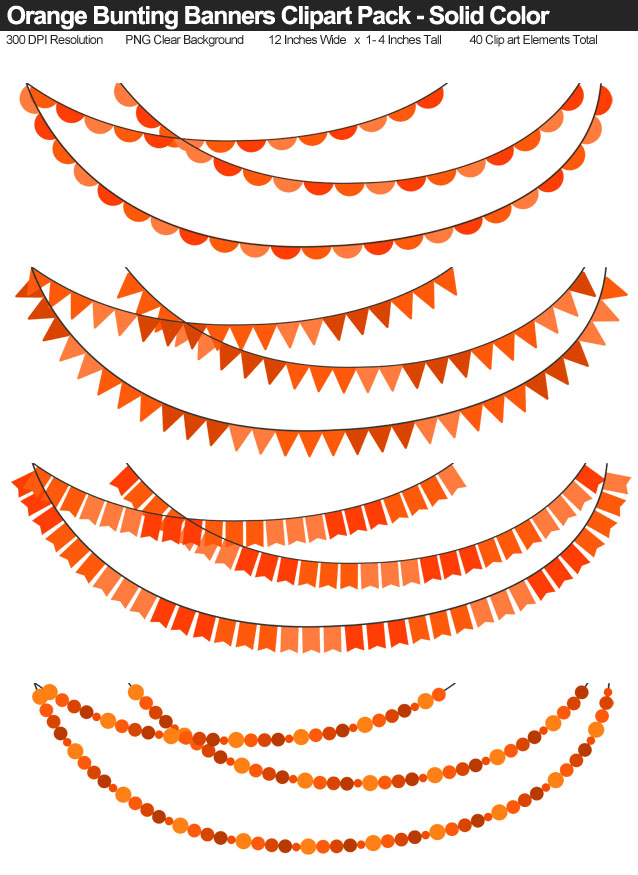 Solid Color Orange Bunting Banner Clipart Pack - Clear Background PNG - Large 12 Inches Resizeable
