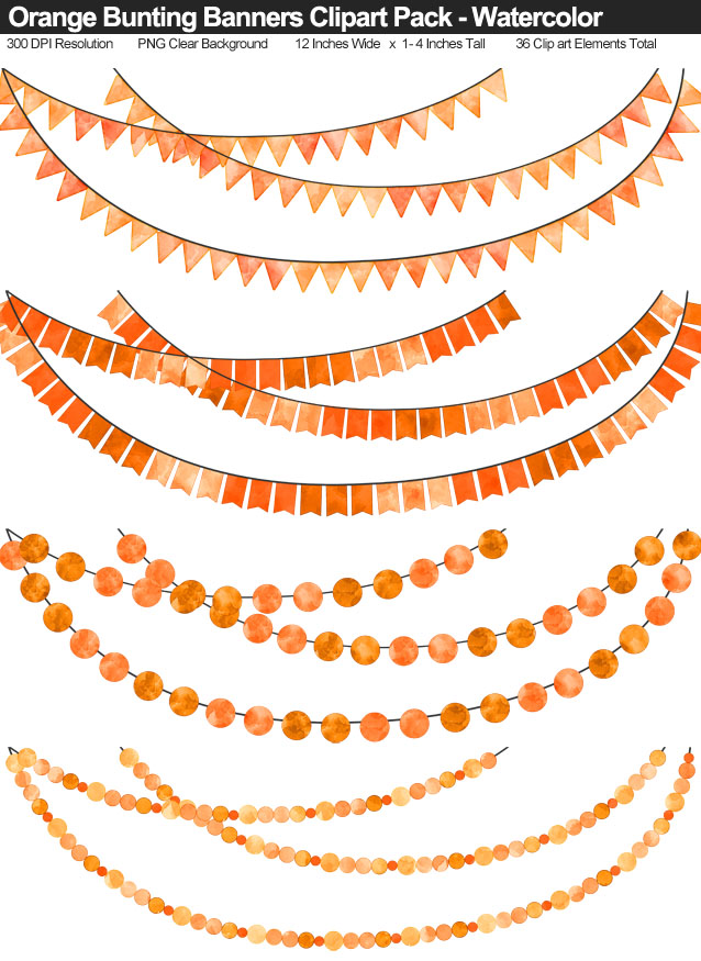 Watercolor Orange Bunting Banner Clipart Pack - Clear Background PNG - Large 12 Inches Resizeable