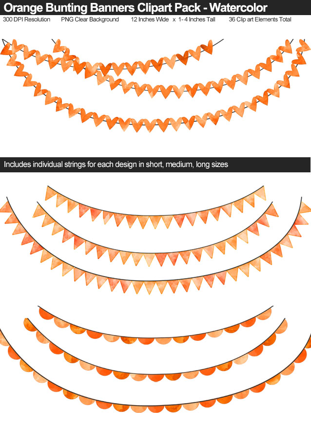 Watercolor Orange Bunting Banner Clipart Pack - Clear Background PNG - Large 12 Inches Resizeable