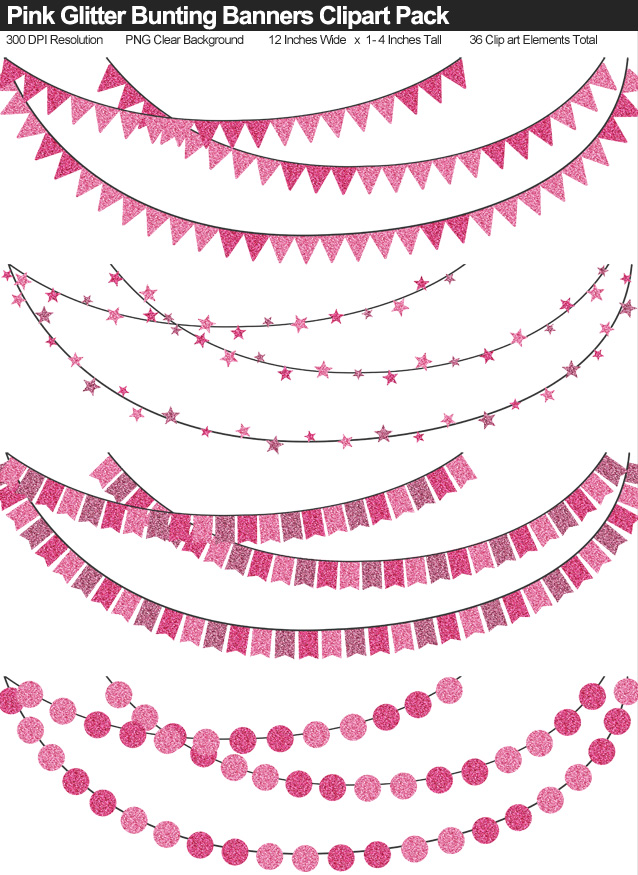 Pink Glitter Bunting Banner Clipart Pack - Clear Background PNG - Large 12 Inches Resizeable