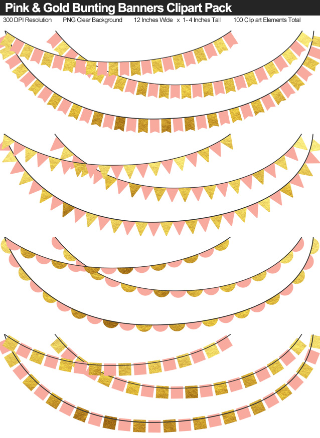 Pink and Gold Bunting Banner Clipart Pack - Clear Background PNG - Large 12 Inches Resizeable