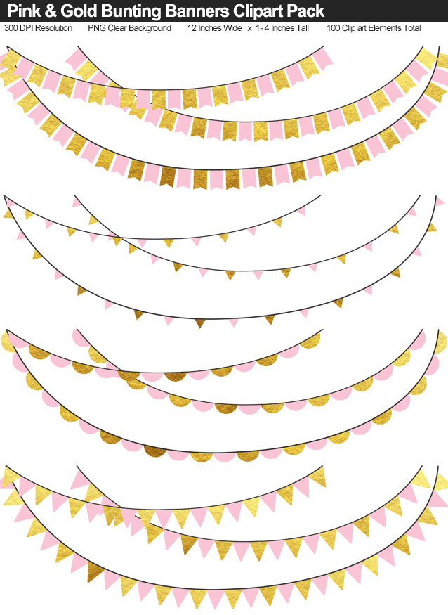Pink and Gold Bunting Banner Clipart Pack - Clear Background PNG - Large 12 Inches Resizeable