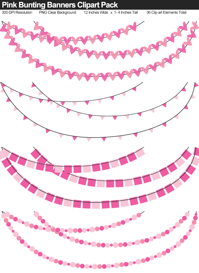 Solid Color Pink Bunting Banner Clipart Pack - Clear Background PNG - Large 12 Inches Resizeable