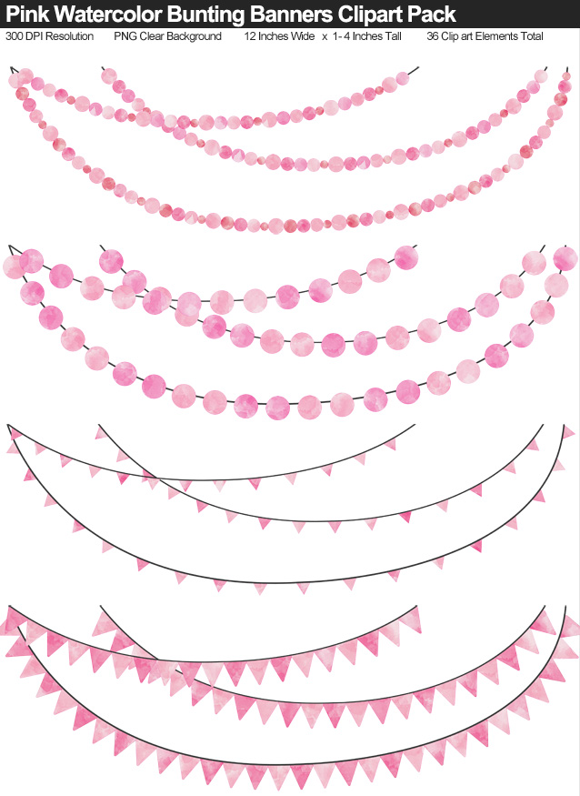 Pink Watercolor Bunting Banner Clipart Pack - Clear Background PNG - Large 12 Inches Resizeable