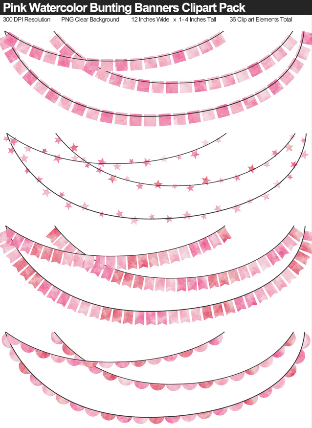 Pink Watercolor Bunting Banners Clipart Pack