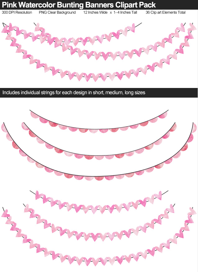 Pink Watercolor Bunting Banner Clipart Pack - Clear Background PNG - Large 12 Inches Resizeable