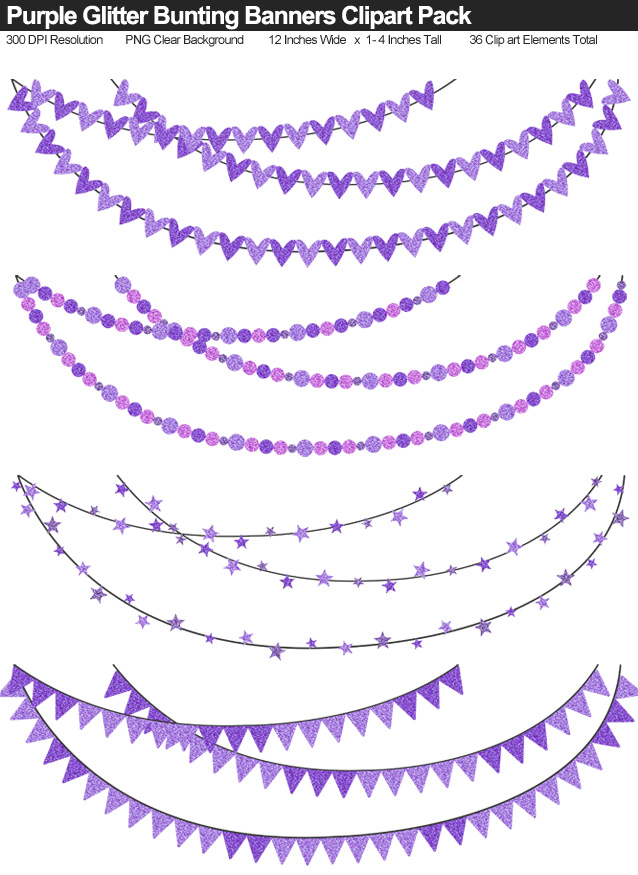 Purple Glitter Bunting Banner Clipart Pack - Clear Background PNG - Large 12 Inches Resizeable