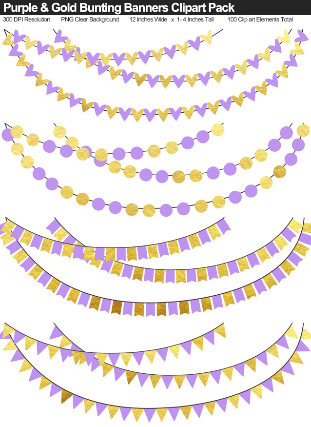 Purple and Gold Bunting Banner Clipart Pack - Clear Background PNG - Large 12 Inches Resizeable