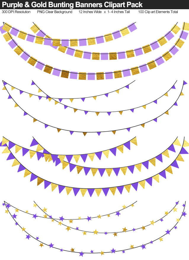 Purple and Gold Bunting Banners Clipart Pack