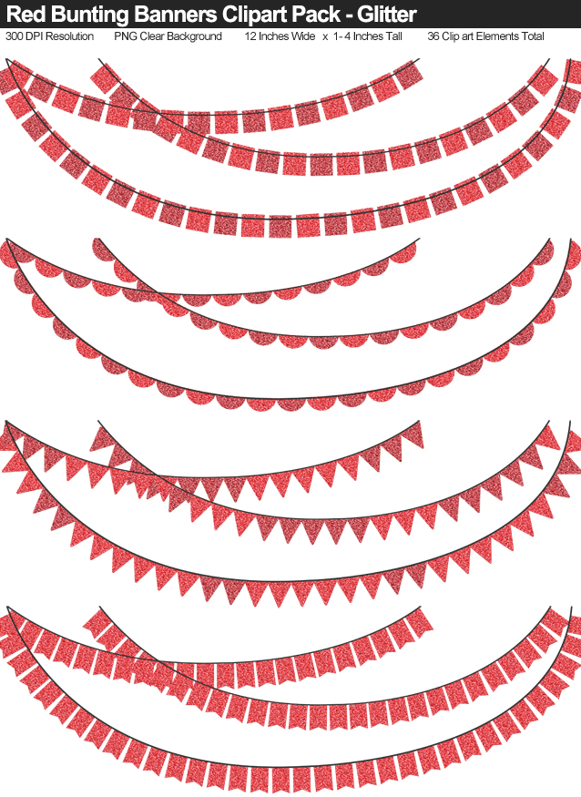 Glitter Red Bunting Banner Clipart Pack - Clear Background PNG - Large 12 Inches Resizeable