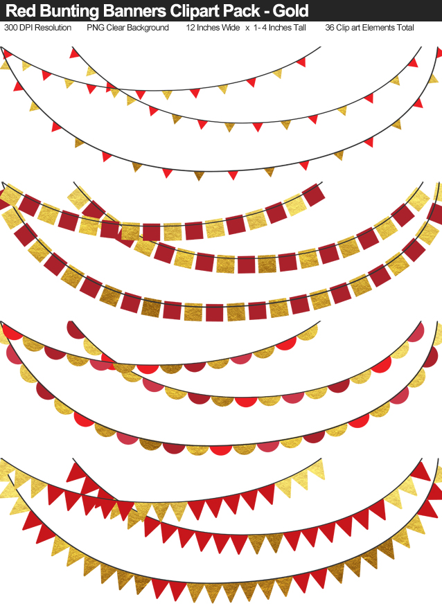 Gold Foil and Red Bunting Banner Clipart Pack - Clear Background PNG - Large 12 Inches Resizeable