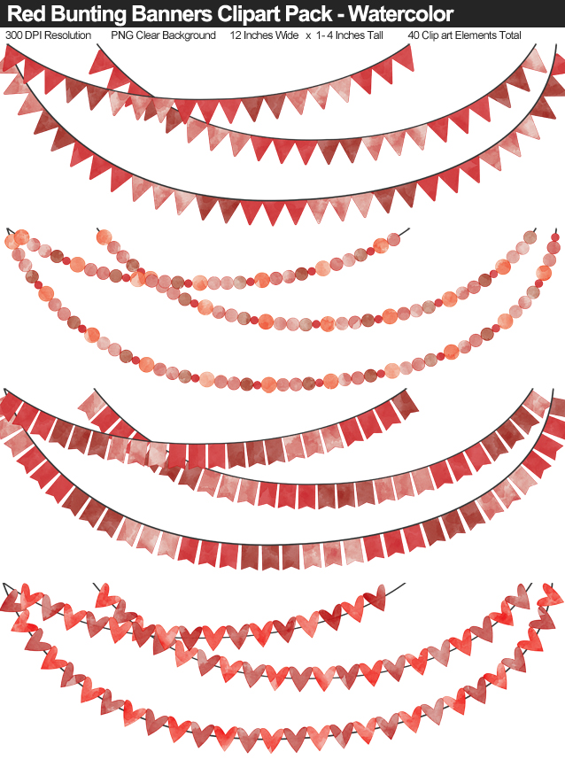 Red Watercolor Hearts Bunting Banners Clipart Pack