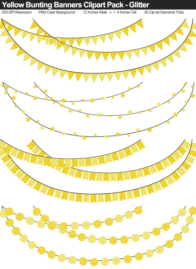 Yellow Glitter Bunting Banner Clipart Pack - Clear Background PNG - Large 12 Inches Resizeable