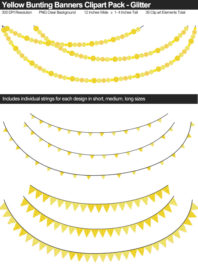 Yellow Glitter Bunting Banner Clipart Pack - Clear Background PNG - Large 12 Inches Resizeable