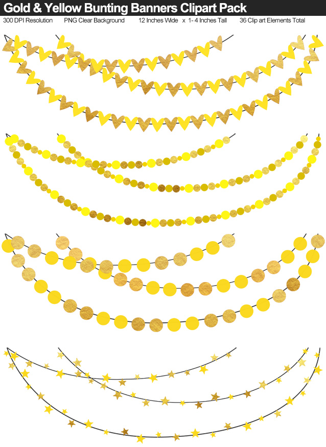 Yellow and Gold Bunting Banner Clipart Pack - Clear Background PNG - Large 12 Inches Resizeable