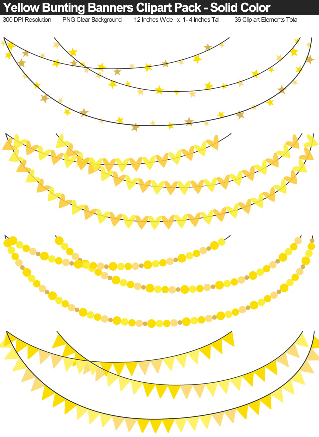 Solid Color Yellow Bunting Banner Clipart Pack - Clear Background PNG - Large 12 Inches Resizeable