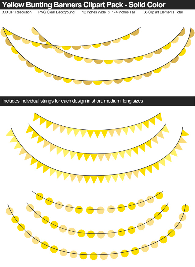 Solid Color Yellow Bunting Banner Clipart Pack - Clear Background PNG - Large 12 Inches Resizeable