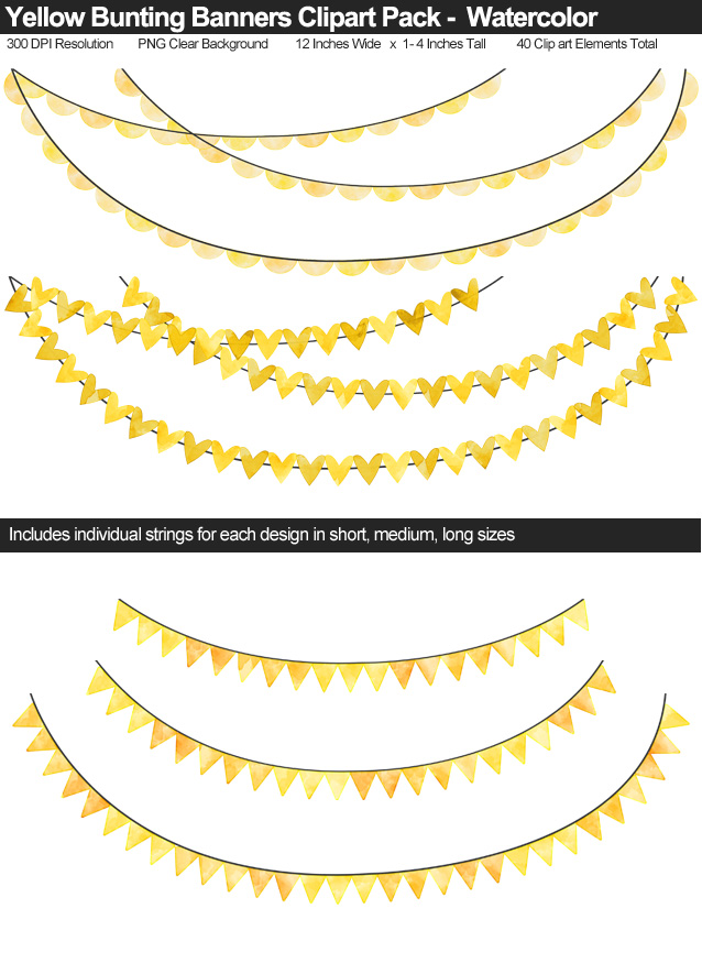 Yellow Watercolor Bunting Banner Clipart Pack - Clear Background PNG - Large 12 Inches Resizeable