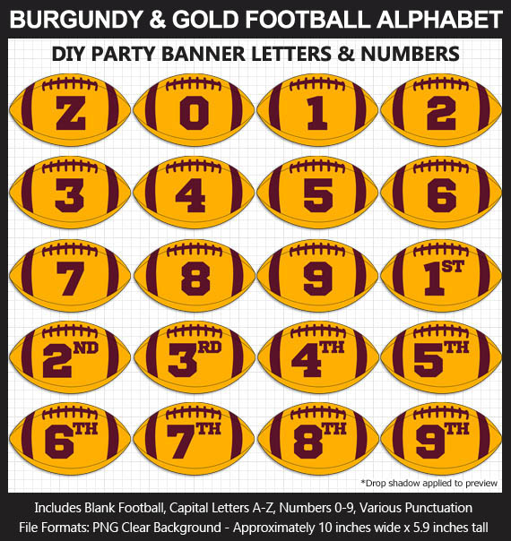 Love these fun Burgundy and Gold Football clipart for game day decoration - Letters, Numbers, Punctuation - Go Washington FT!