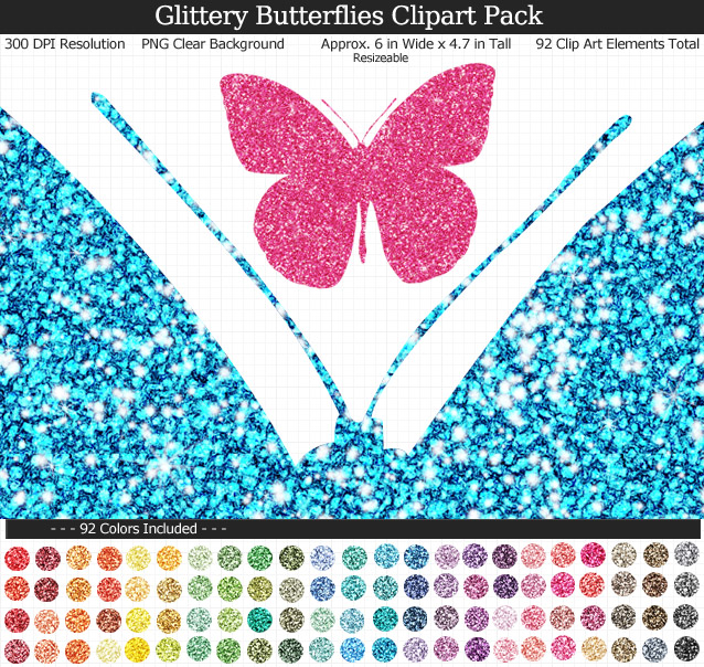 Rainbow Glitter Butterfly Clipart Pack - Clear Background PNG - Large 6 inches Wide x 4.7 inches Tall Resizeable - 92 Colors