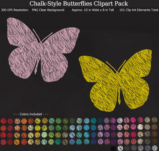 Rainbow Chalk-Style Butterfly Clipart Pack - Clear Background PNG - Large 10 inches Wide x 8 inches Tall Resizeable - 101 Colors
